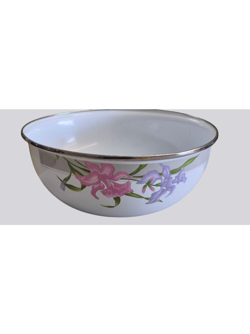 GMI Floral Enamel Mixing Bowl Pink Purple Iris Flower Silver Rim Dishwasher Safe
